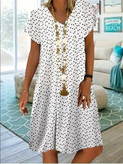 Polka Dot & Heart Print Dress Cute V Neck Short Sleeve Dress