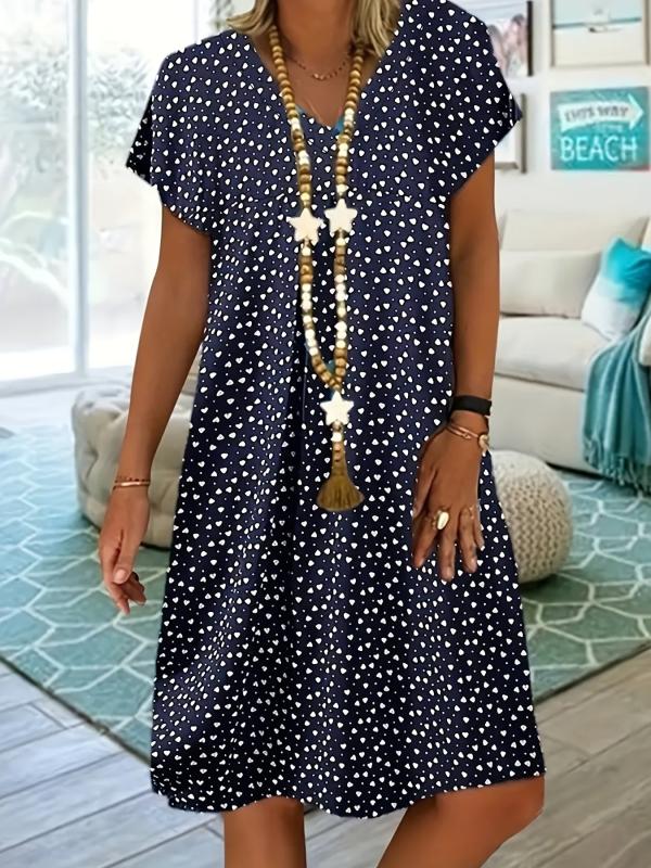 Polka Dot & Heart Print Dress Cute V Neck Short Sleeve Dress