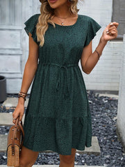 Leopard Print Ruffle Sleeve Dress Casual Crew Neck Slim Waist Drawstring Dress