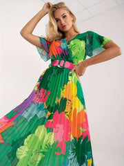 Boho Floral Print Pleat Dress with Belt Short Sleeve