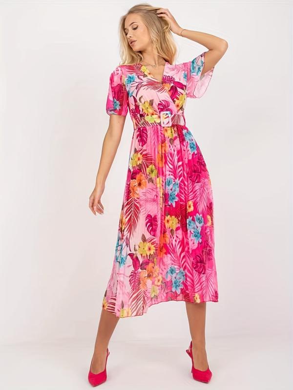 Boho Floral Print Pleat Dress with Belt Short Sleeve