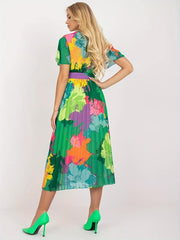Boho Floral Print Pleat Dress with Belt Short Sleeve
