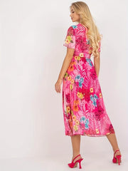Boho Floral Print Pleat Dress with Belt Short Sleeve