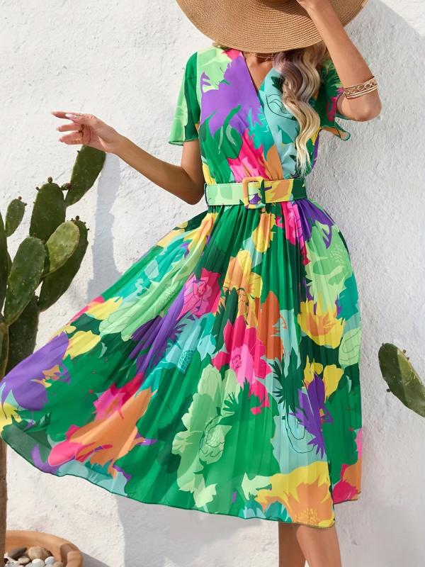 Boho Floral Print Pleat Dress with Belt Short Sleeve