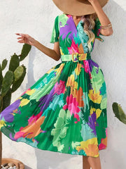 Boho Floral Print Pleat Dress with Belt Short Sleeve