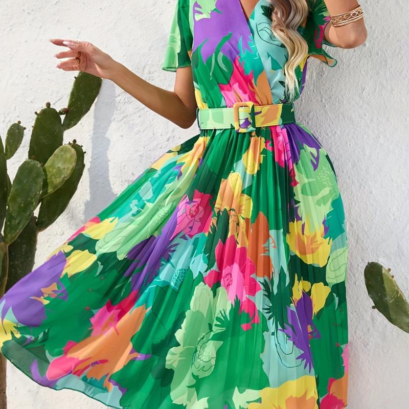 Boho Floral Print Pleat Dress with Belt Short Sleeve
