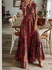 Boho Floral Print Ruffle Neck Maxi Dress