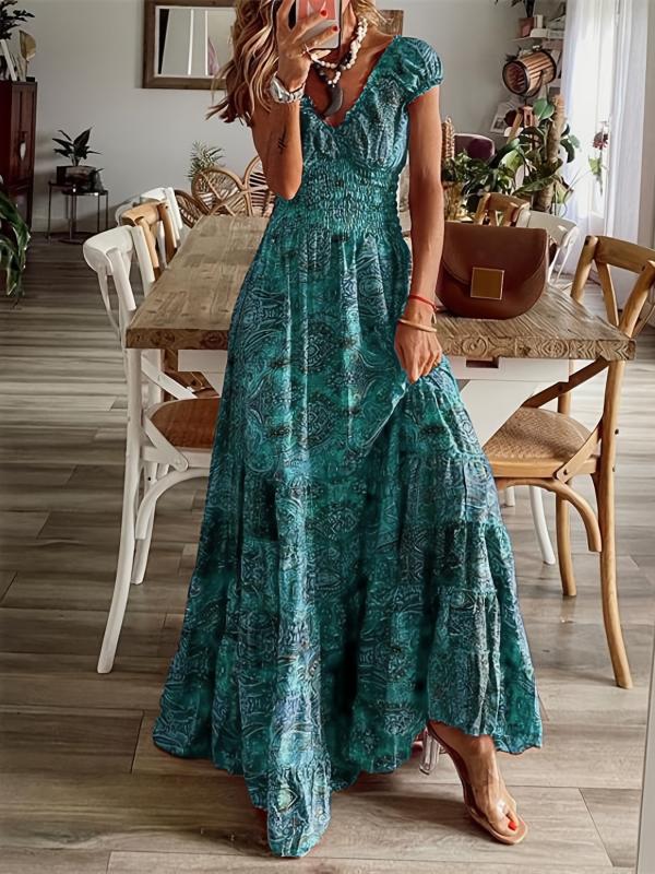 Boho Floral Print Ruffle Neck Maxi Dress