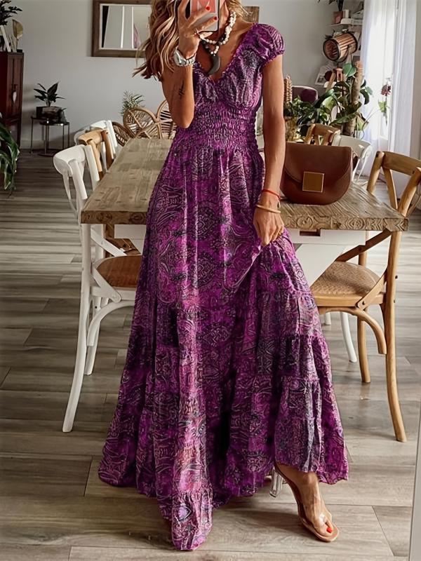 Boho Floral Print Ruffle Neck Maxi Dress