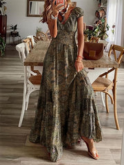 Boho Floral Print Ruffle Neck Maxi Dress