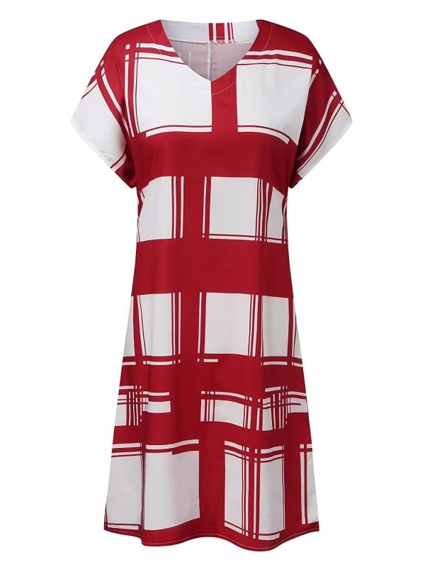 Geometric Print Dress Short Sleeve V-neck Loose Summer Dress