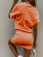 Solid Dress Casual Crew Neck Short Sleeve Slim Waist Dress