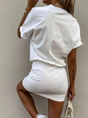 Solid Dress Casual Crew Neck Short Sleeve Slim Waist Dress