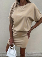 Solid Dress Casual Crew Neck Short Sleeve Slim Waist Dress