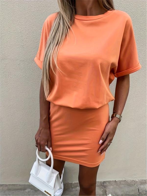 Solid Dress Casual Crew Neck Short Sleeve Slim Waist Dress
