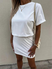 Solid Dress Casual Crew Neck Short Sleeve Slim Waist Dress