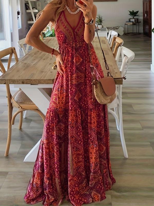 Boho Ethnic Print Maxi Dress V Neck Sleeveless