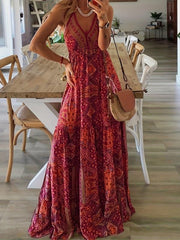 Boho Ethnic Print Maxi Dress V Neck Sleeveless