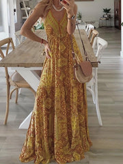 Boho Ethnic Print Maxi Dress V Neck Sleeveless