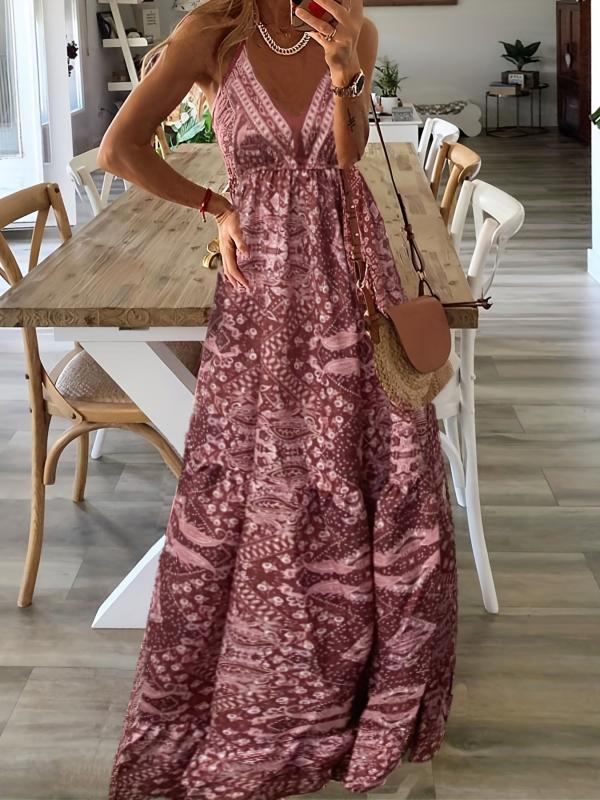 Boho Ethnic Print Maxi Dress V Neck Sleeveless