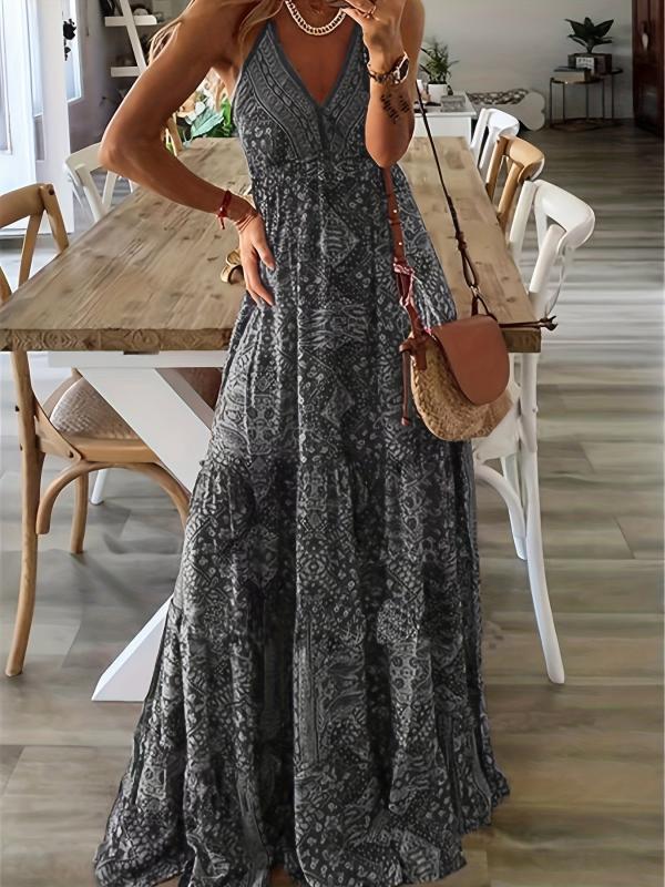 Boho Ethnic Print Maxi Dress V Neck Sleeveless