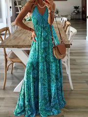 Boho Ethnic Print Maxi Dress V Neck Sleeveless