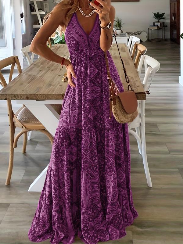 Boho Ethnic Print Maxi Dress V Neck Sleeveless