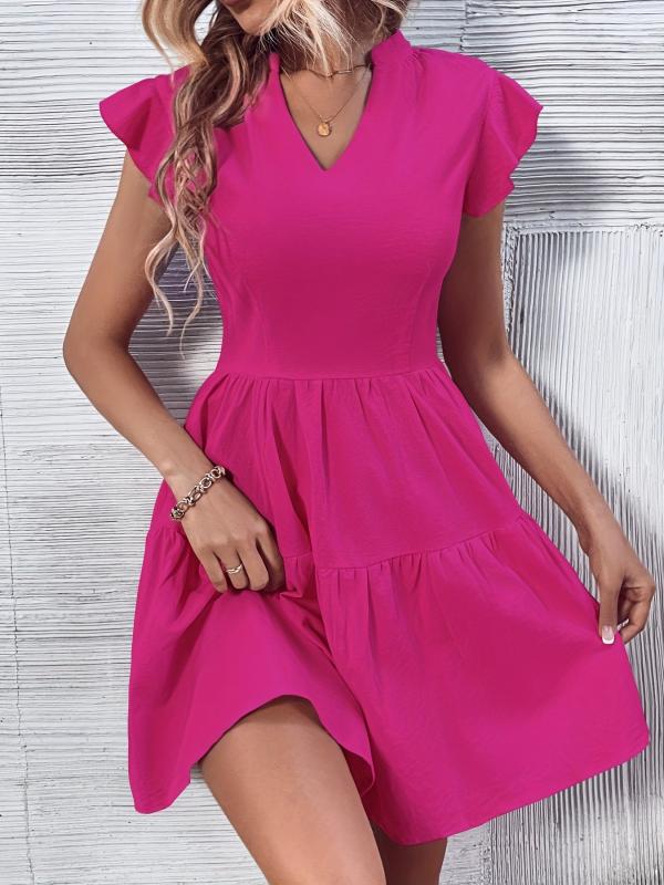 Solid V Neck Dress Casual Women's Clothing