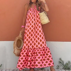 Boho Argyle Print Maxi Dress Spaghetti Sleeveless Vacation