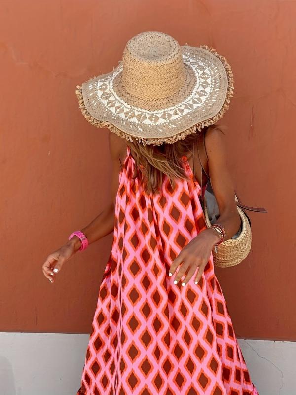 Boho Argyle Print Maxi Dress Spaghetti Sleeveless Vacation