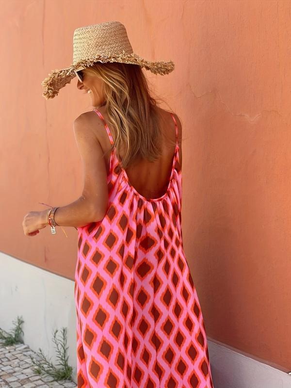 Boho Argyle Print Maxi Dress Spaghetti Sleeveless Vacation