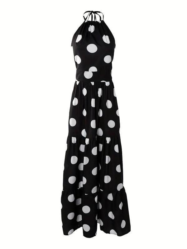Polka Dot Halter Neck Maxi Dress Sexy Backless Sleeveless Slim Waist