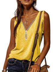 Casual V Neck Zipper Cami Top Solid Sleeveless Loose Fit Tank Top
