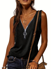 Casual V Neck Zipper Cami Top Solid Sleeveless Loose Fit Tank Top
