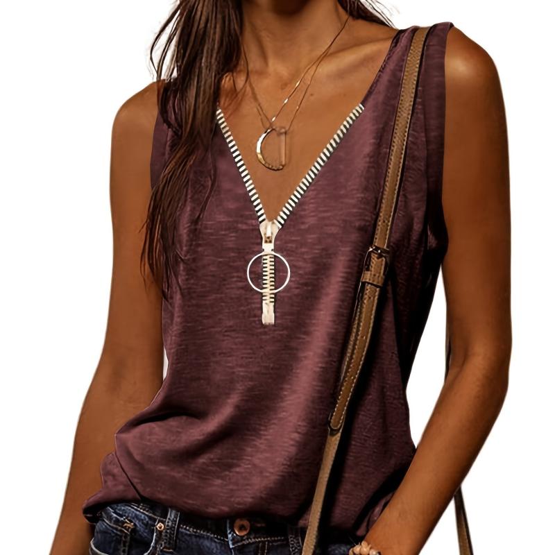 Casual V Neck Zipper Cami Top Solid Sleeveless Loose Fit Tank Top