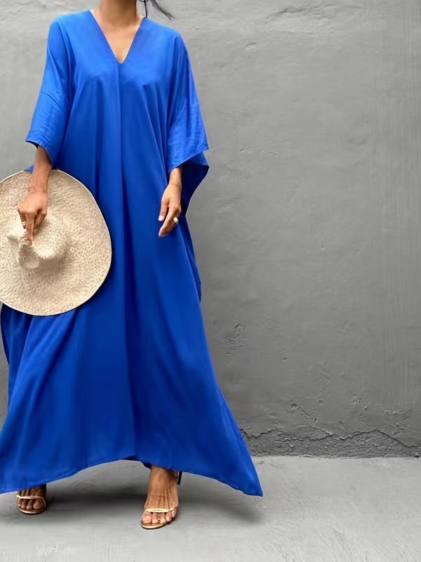 Solid V Neck Cover Up Dress Loose Fit Split Beachwear Kaftan