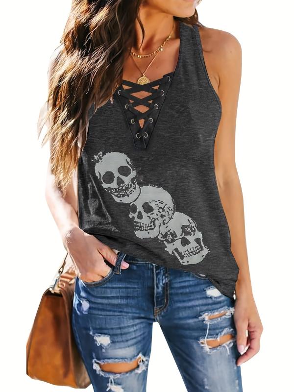 Skull Print Criss Cross Tank Top Sexy Sleeveless V Neck Tank Top