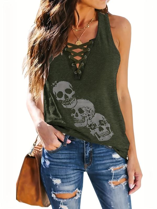 Skull Print Criss Cross Tank Top Sexy Sleeveless V Neck Tank Top