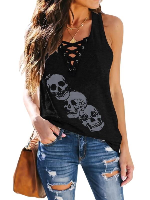 Skull Print Criss Cross Tank Top Sexy Sleeveless V Neck Tank Top