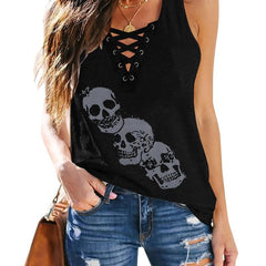 Skull Print Criss Cross Tank Top Sexy Sleeveless V Neck Tank Top
