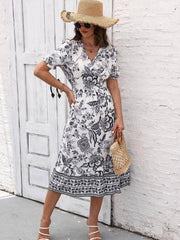 Floral Print Surplice Neck Short Sleeve Dress