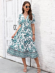 Floral Print Surplice Neck Short Sleeve Dress