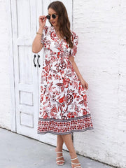 Floral Print Surplice Neck Short Sleeve Dress