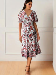 Floral Print Surplice Neck Short Sleeve Dress