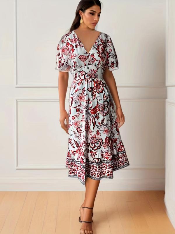 Floral Print Surplice Neck Short Sleeve Dress