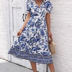 Floral Print Surplice Neck Short Sleeve Dress