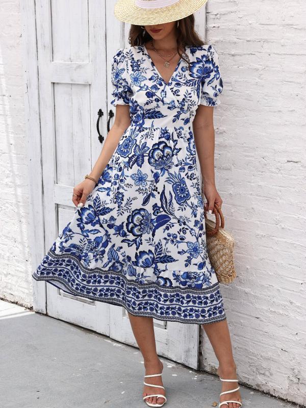Floral Print Surplice Neck Short Sleeve Dress