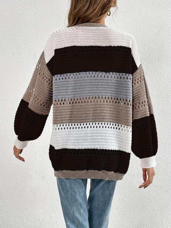 Cut Out Block Knit Cardigan Long Sleeve Sweater