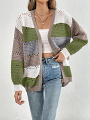 Cut Out Block Knit Cardigan Long Sleeve Sweater