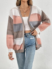 Cut Out Block Knit Cardigan Long Sleeve Sweater